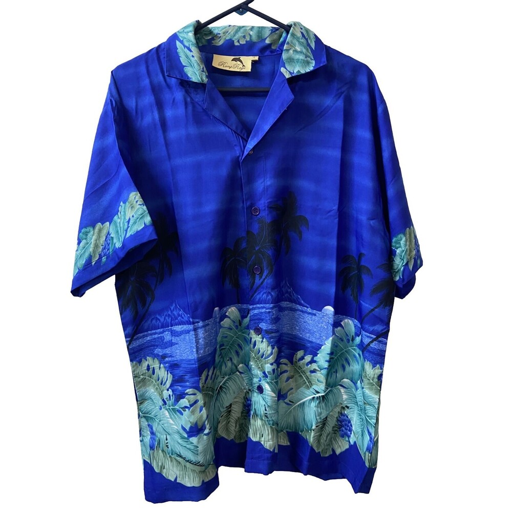 Ramp Rage Shirt Mens Large Blue Green Palm Tree Tropical Hawaiian Button Up